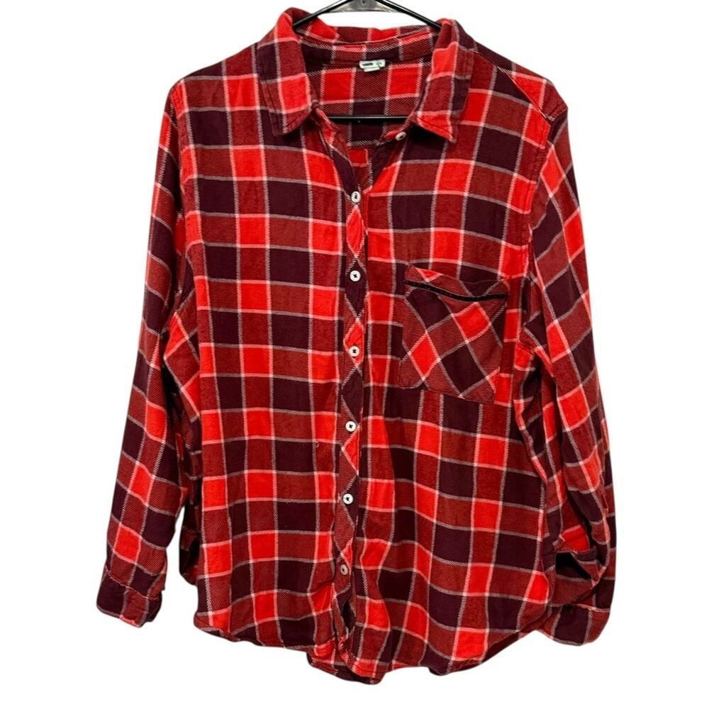 Aerie XL Red Burgundy Plaid Flannel Button Down Long Sleeve Relaxed Fit Shirt